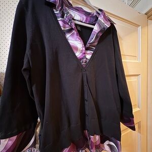 Style & Co. Black Layered-Look Blouse with Purple Swirl Underlay